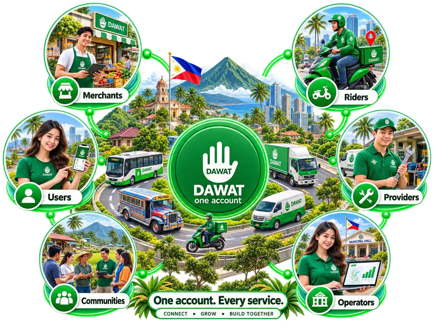 Dawat community network connecting Users, Merchants, Riders, Providers, Operators and Communities through one account