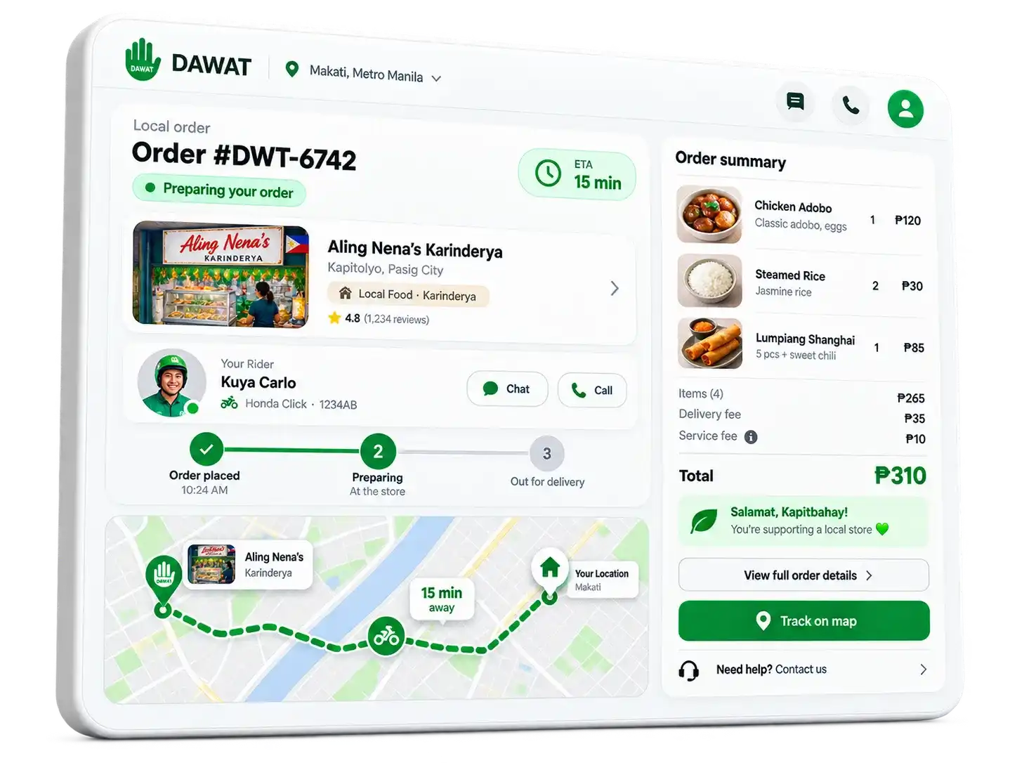 Dawat order tracking light mode interface showing a Filipino food order with peso pricing