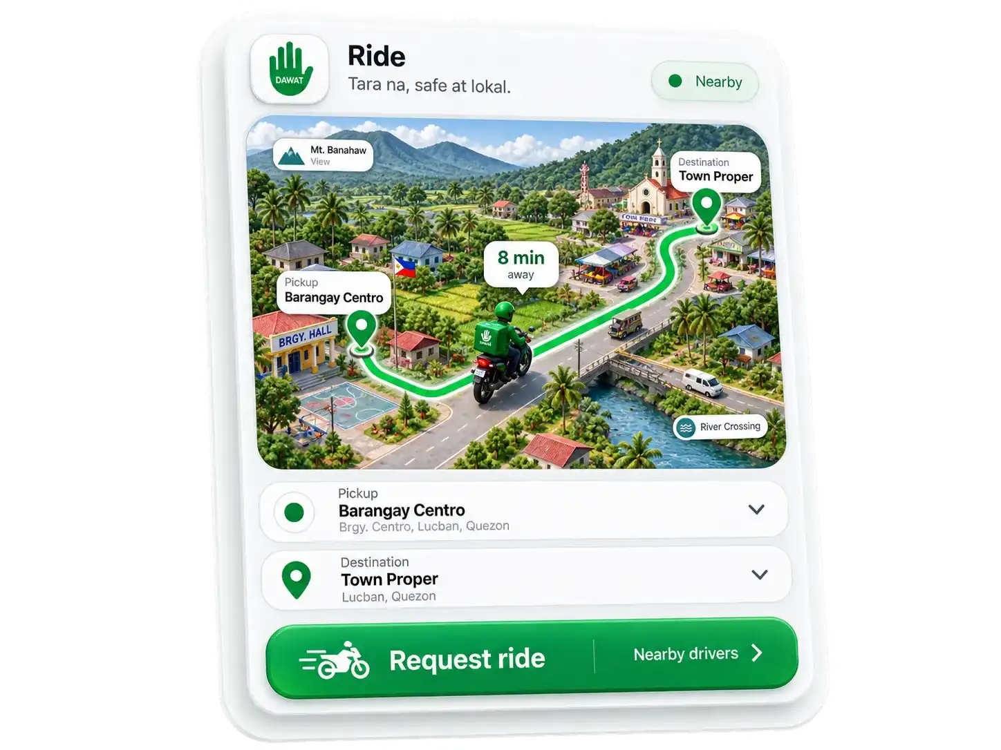 Dawat Ride light mode interface showing a rural Philippines pickup and destination route